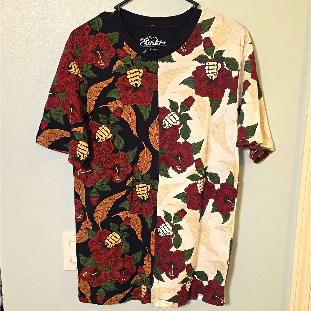 Eighty Eight Men's Knit Floral Skeleton Hand Crew Neck Short Sleeve Tee M #181
